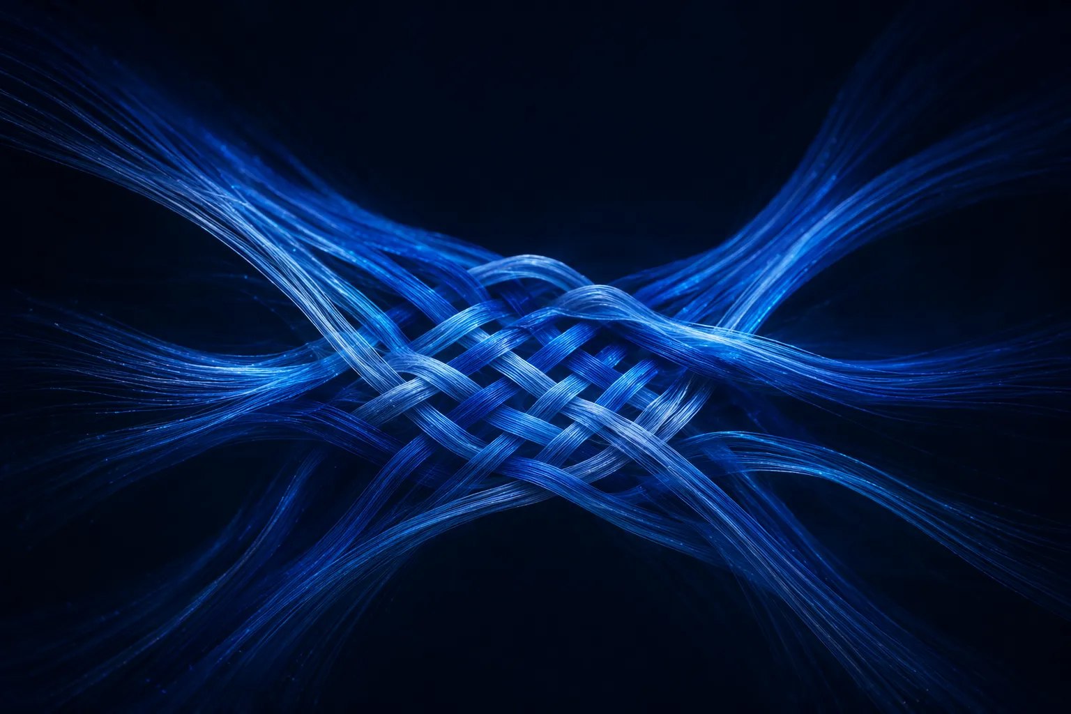A woven tapestry of luminous fiber strands originating from many distinct sources