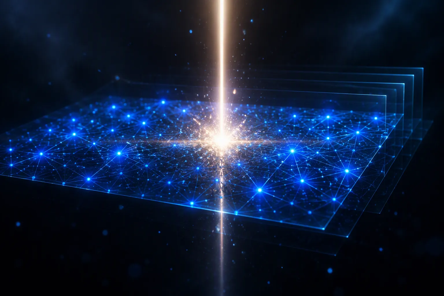 A blue triangulated node mesh lit by a warm-white vertical beam, with faint offset translucent glass planes stacked behind it like layered revisions