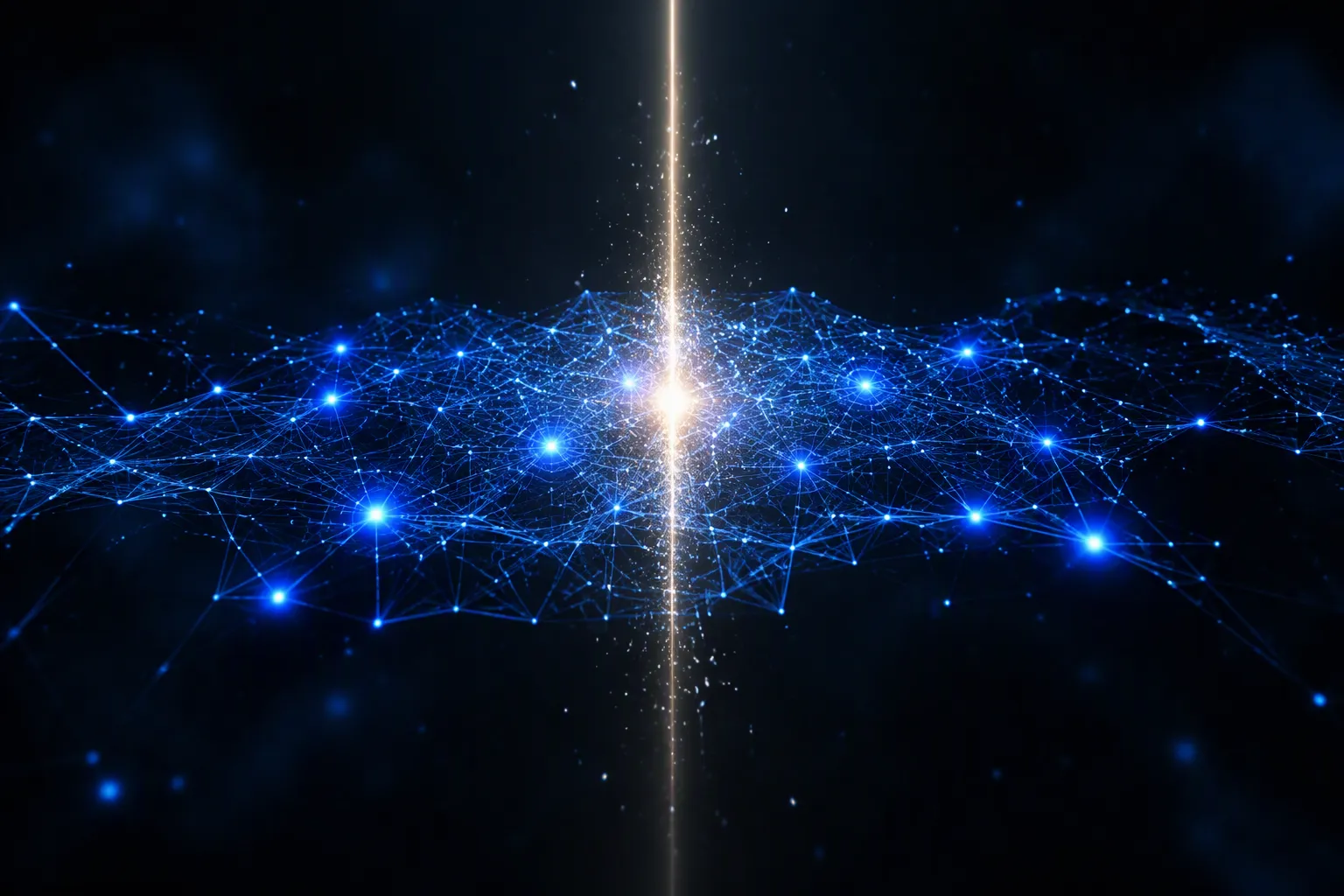 A blue triangulated node mesh with a warm-white vertical beam, a faint shimmer threaded along the fibers that fades where the strands are stripped bare
