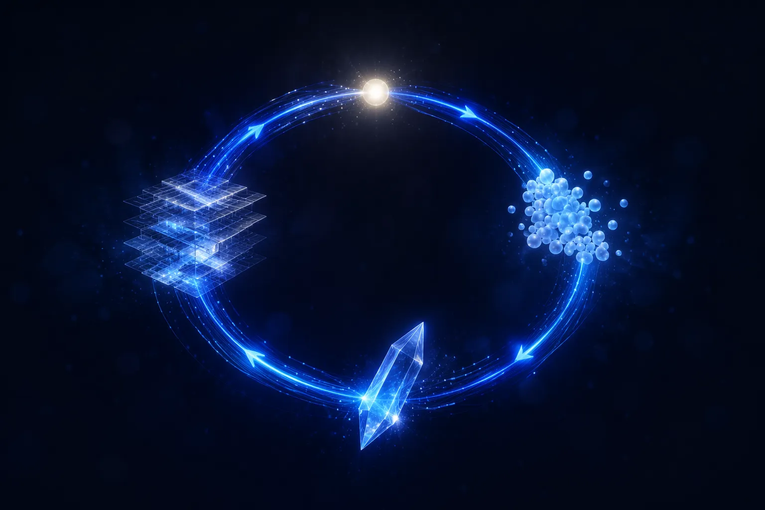 A glowing closed loop of luminous fiber traveling clockwise through four distinct waypoints