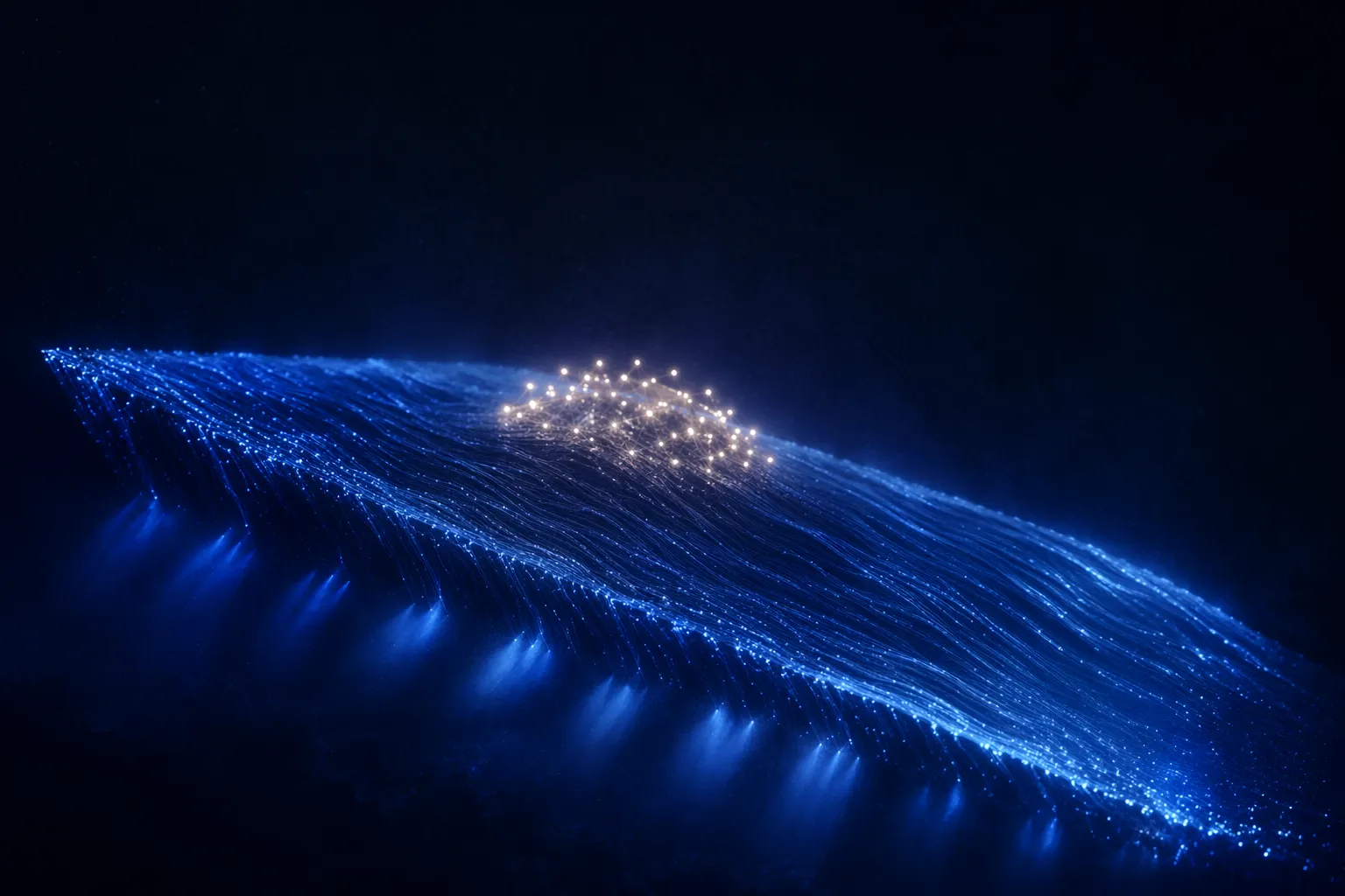 A softly glowing platform tilting downward with a small bright cluster resting on top unaware of the slope