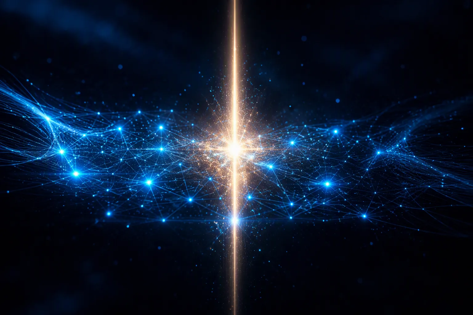 A cobalt triangulated mesh fed by a warm-white control-plane beam bursting at its center, ringed by a partly broken boundary.