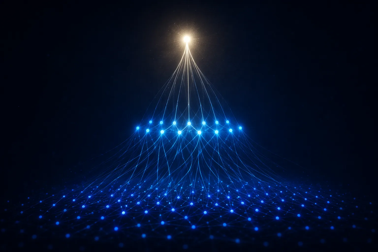 A layered switching network funneling work upward to a single bright node only when necessary
