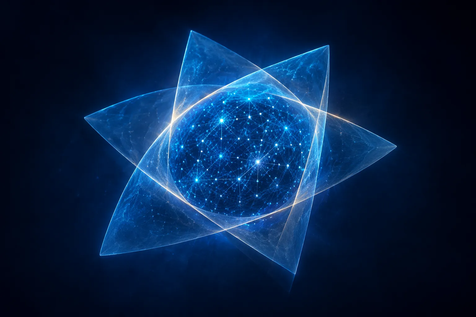 A glowing cobalt lattice encased by three intersecting translucent perimeter membranes