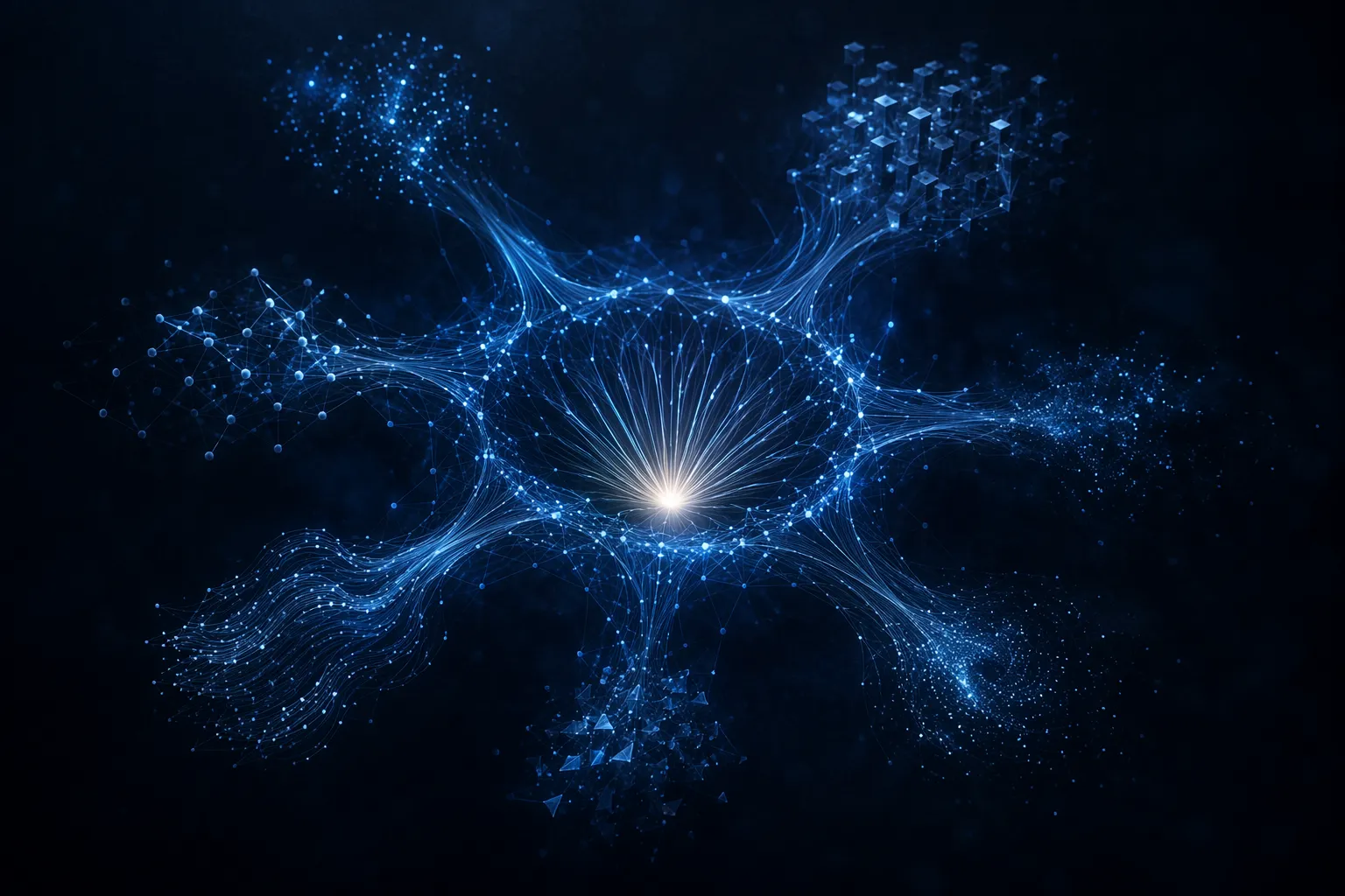 An orbital network of nodes feeding into a softly glowing central well with a single warm-white access point