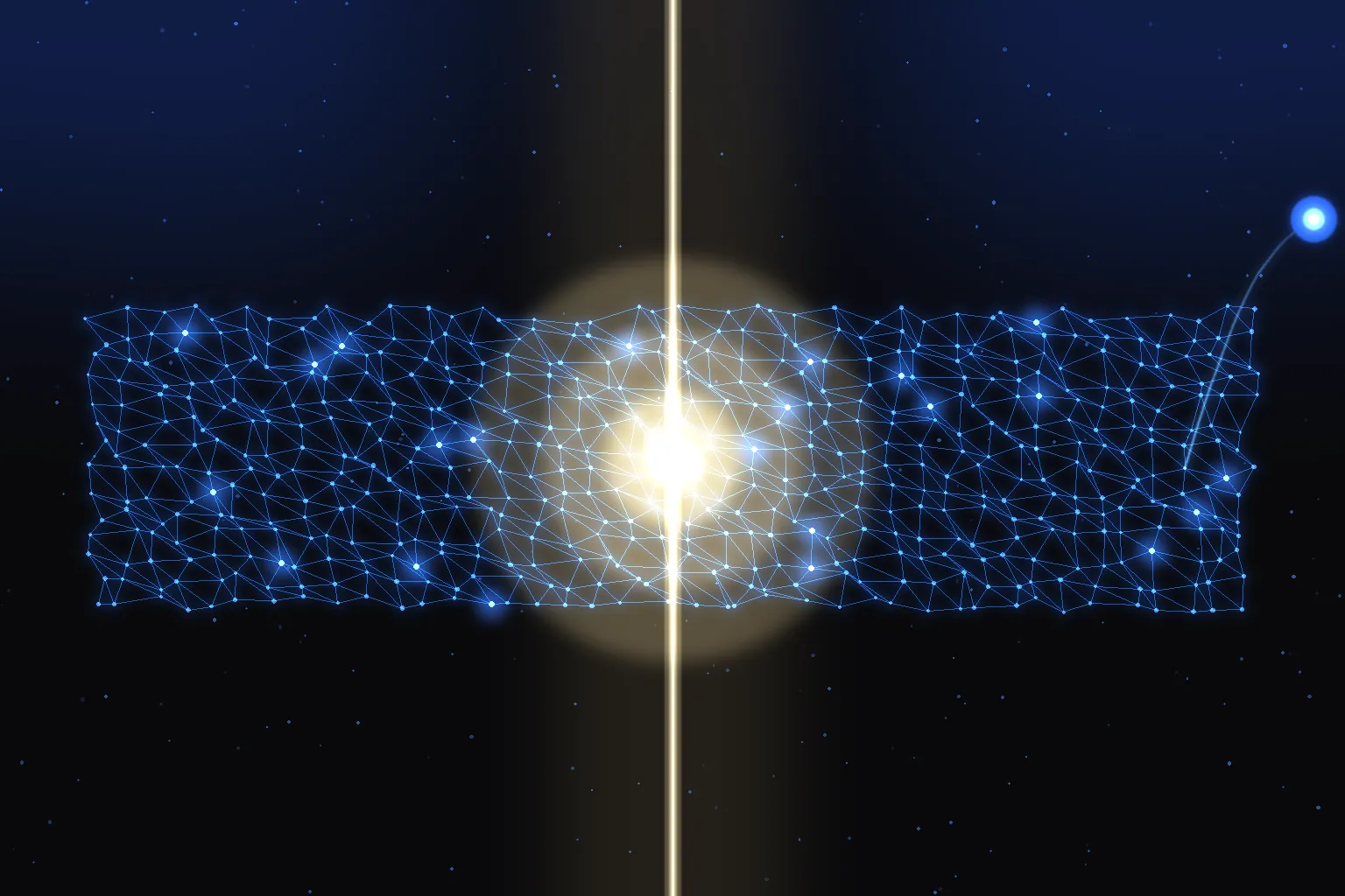 Abstract cobalt mesh pierced by a warm-white beam, with one bright thread breaking away to a lone node in the dark.
