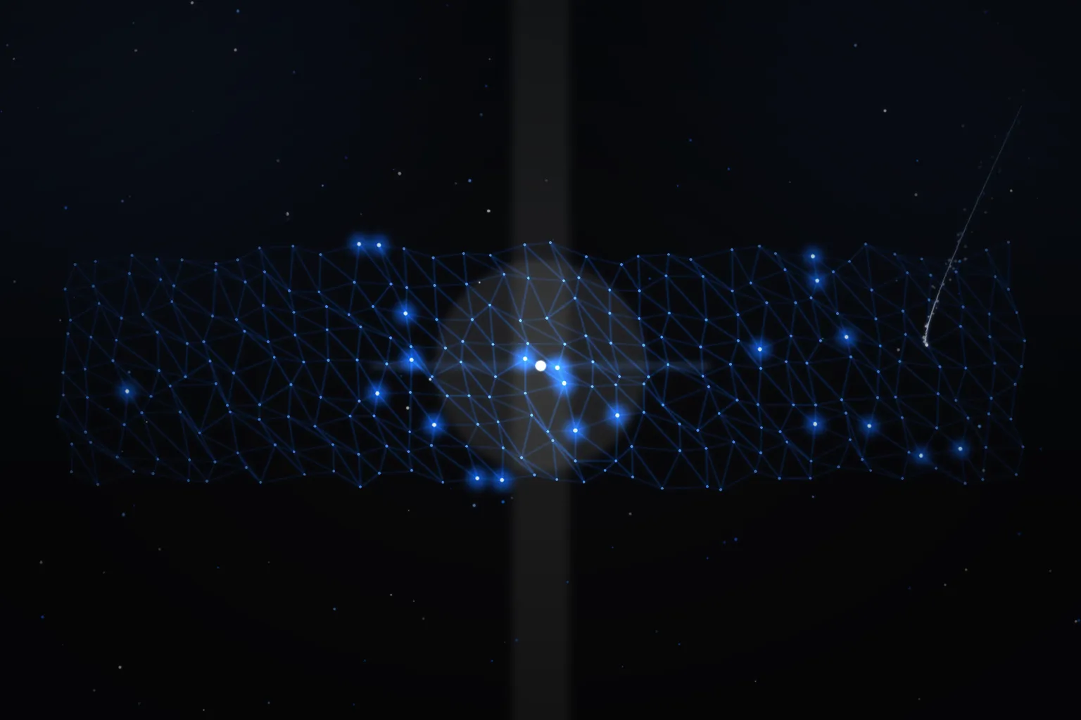 A cobalt node mesh pierced by a warm-white beam, one bright filament of light leaking out into the dark void