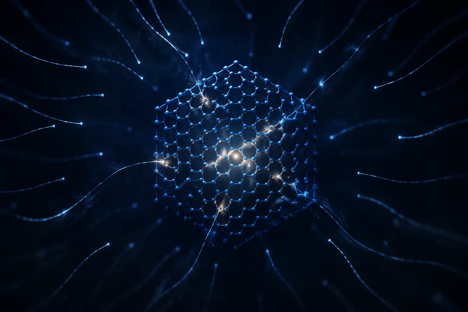 A hexagonal cobalt shielded lattice with sky-blue probes from outside, a few finding subtle gaps