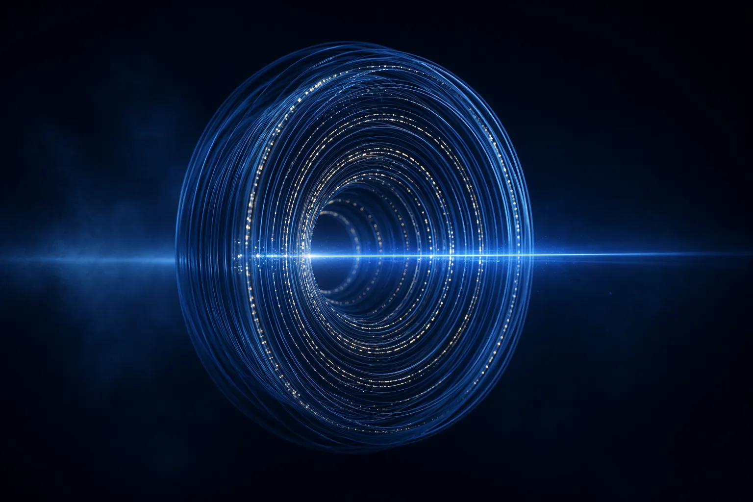 A tightly coiled cobalt spiral seen edge-on with a sky-blue beam revealing warm-white interior traces