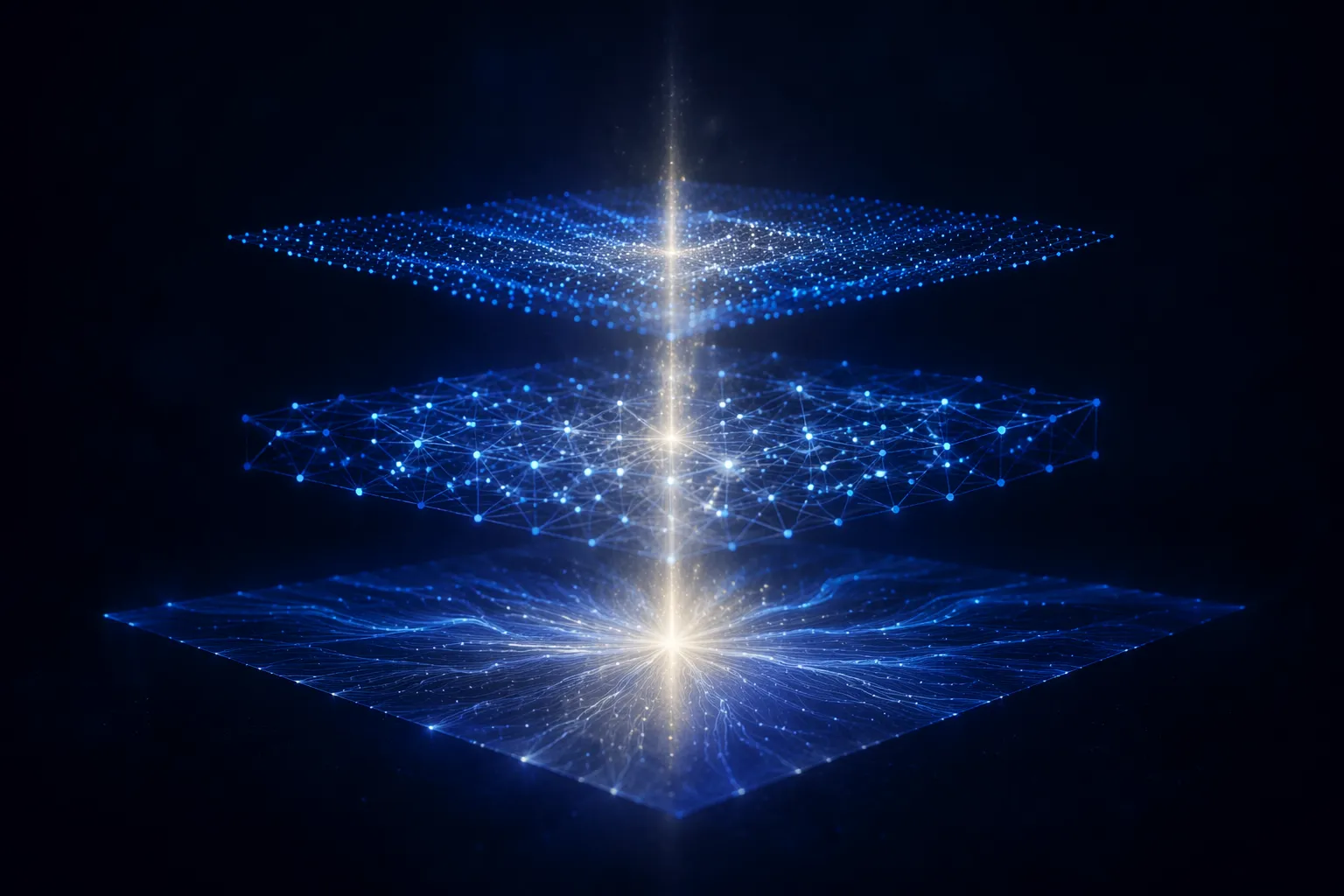 Three stacked horizontal strata of glowing nodes with a vertical beam of warm light passing through them