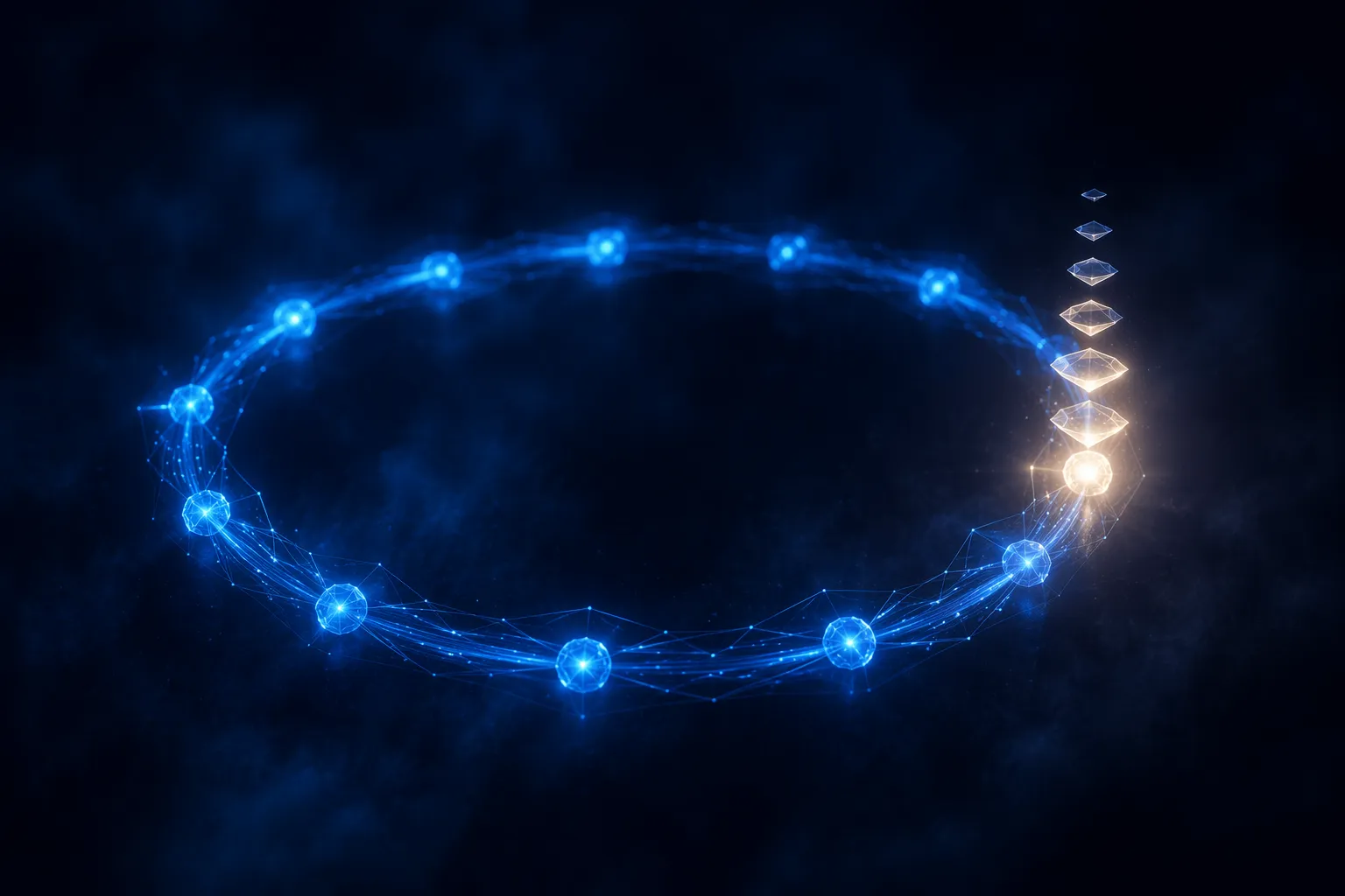 A glowing closed-loop lattice with ranked candidate shards floating above one bright node