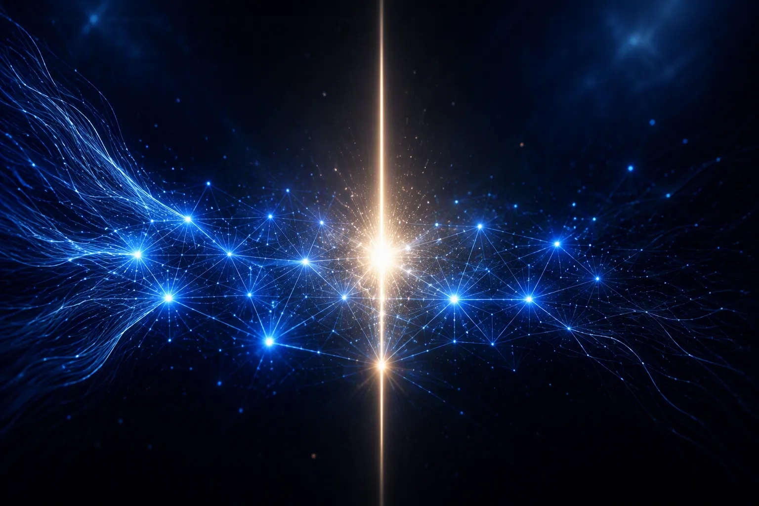 Fresh data streams flowing into a cobalt node lattice, igniting a bright cluster where a warm-white beam meets the mesh.