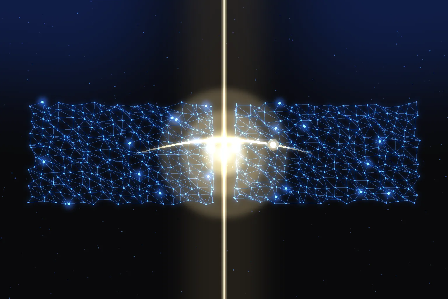 A cobalt triangulated mesh split into two halves by a warm-white vertical beam, with a bright pulse arcing across the divide.