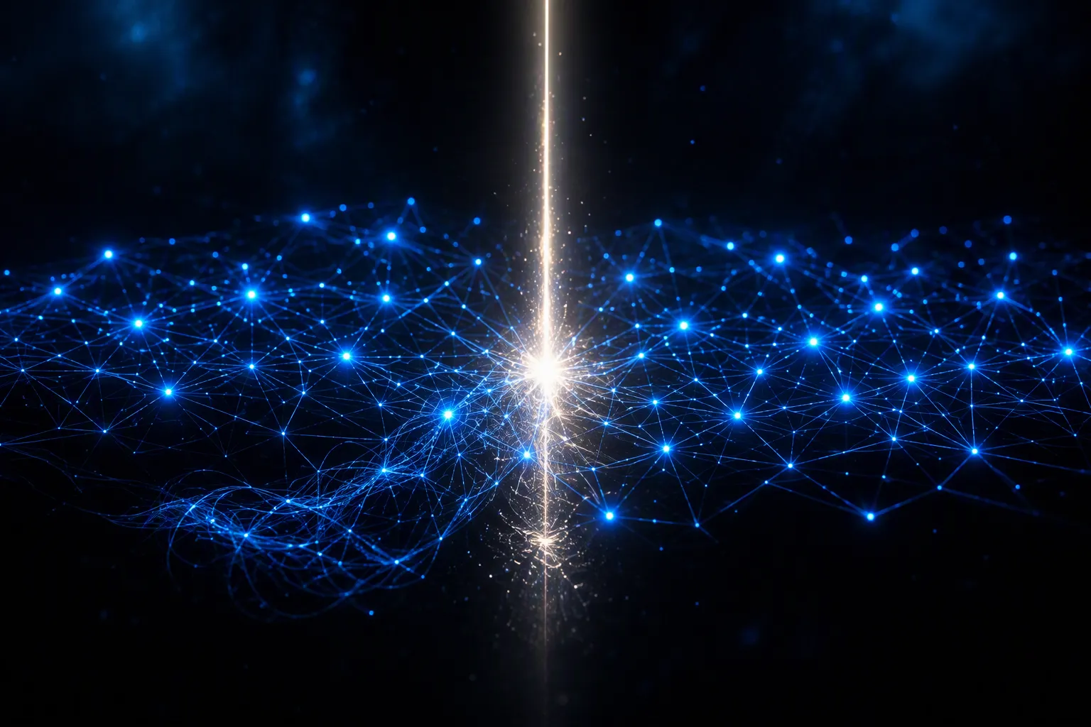 A blue triangulated node mesh lit by a warm-white vertical beam, with tangled fibers at the base unraveling into the clean lattice