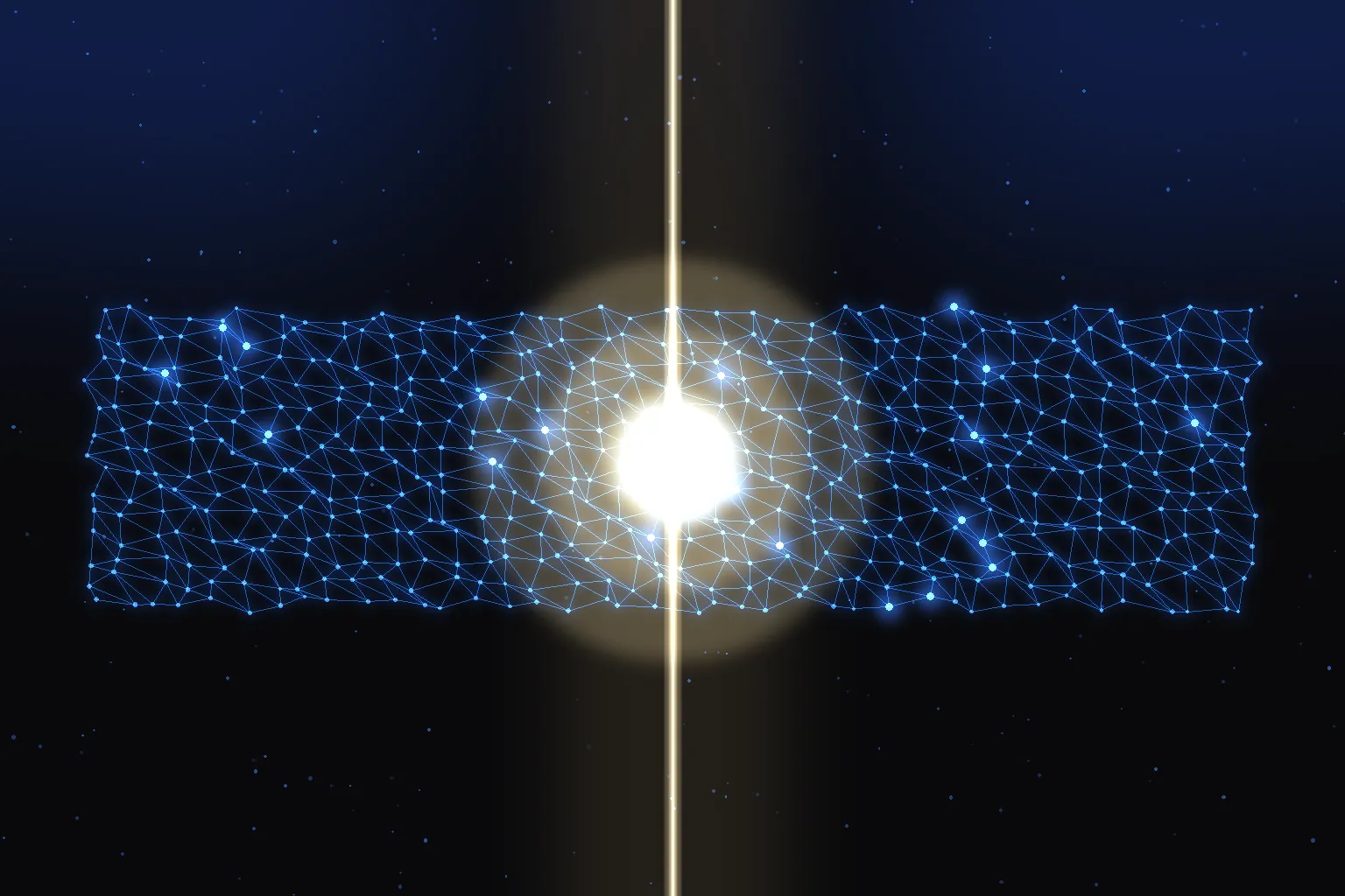 A cobalt triangulated mesh pierced by a warm-white beam bursting into light at its center, with one node opened to reveal an inner lattice.