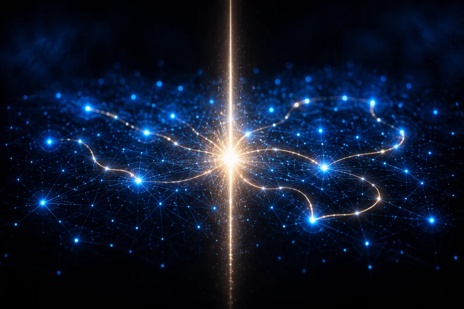 A blue triangulated node mesh with a warm-white vertical beam branching into looping sub-threads, like a program's control flow through a field of tools