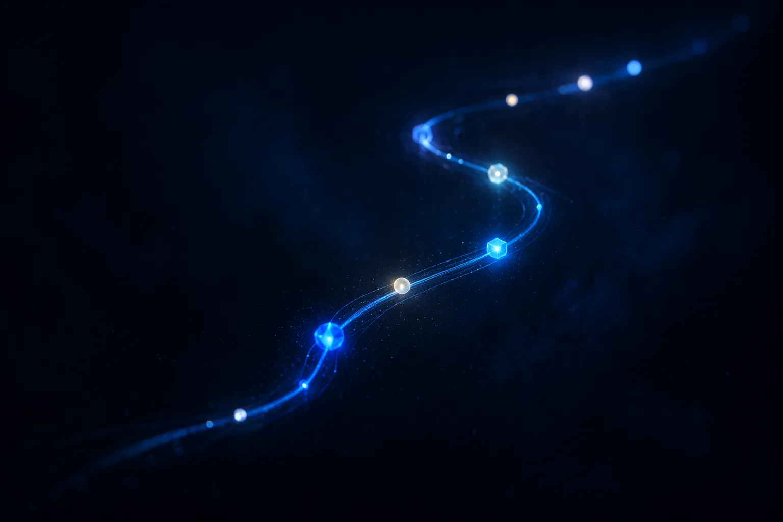 A single luminous fiber threading through a constellation of remembered waypoints