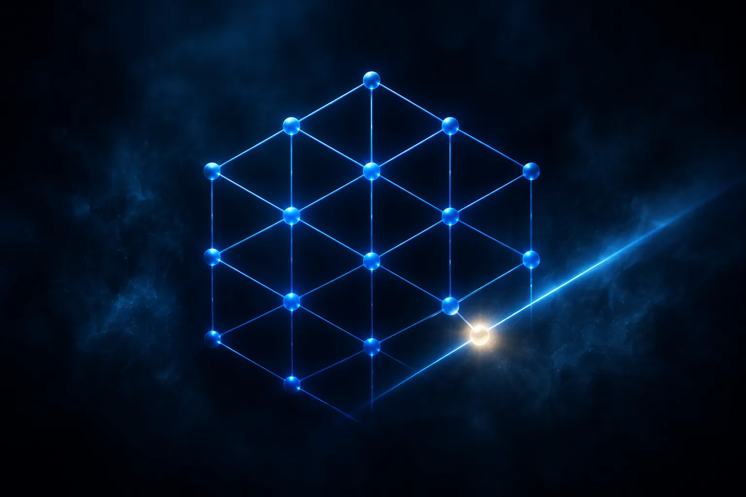 A glowing cobalt lattice with one off-hue node caught by a thin sky-blue review pass