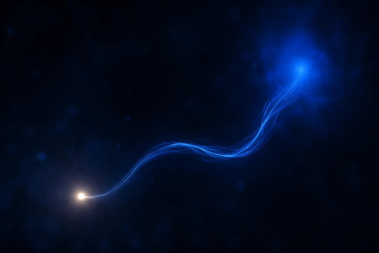 A delicate luminous fiber linking a warm-white spark to a soft cobalt halo across negative space