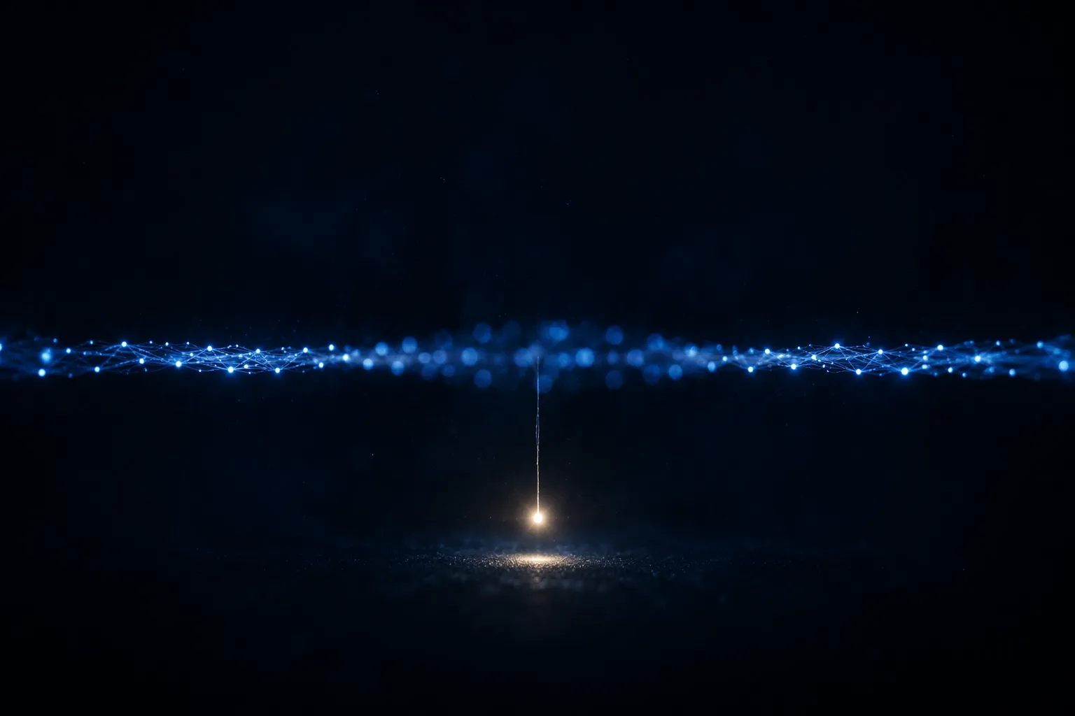 A horizontal timeline trace of cobalt nodes with one segment blurred and a sharp warm-white record below