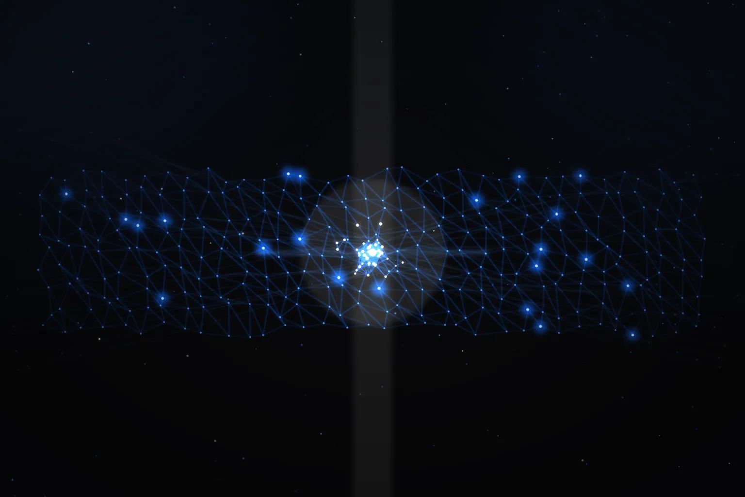 A cobalt node mesh pierced by a warm-white beam that condenses a dense glowing core at the center, fed by faint scaffolding streaming in from the edges