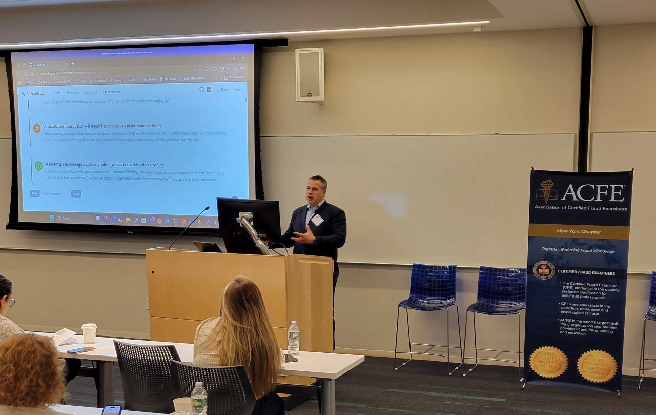 Mike Richter presenting the AI Fraud Lab demo at the NYCFE Spring Fraud Conference, Microsoft NYC venue.